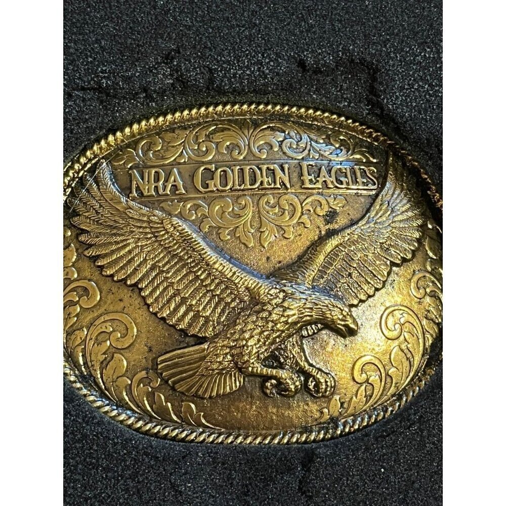 NRA Belt Buckle L Gold Eagle National Rifle Association Brass Novelty Sports 80s - Picture 5 of 9